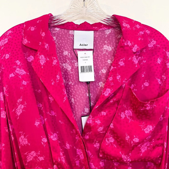 Acler Evanston Hot Pink Floral Dot Print Draped Satin Designer Mini Dress 2 NWT - Picture 9 of 14